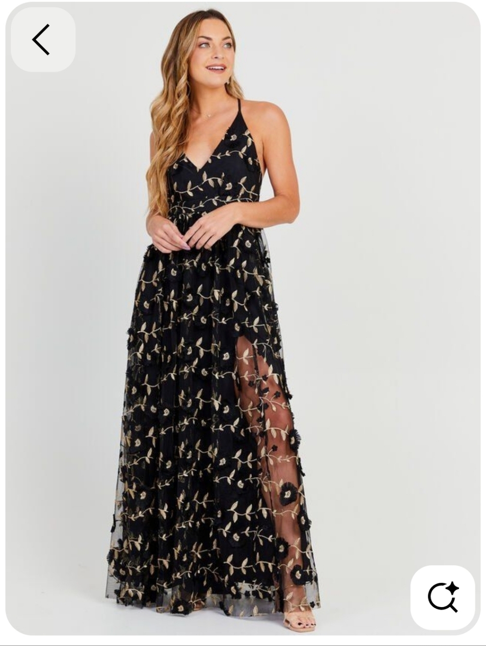 Altar'd State Formal Arabella Maxi Dress in black and gold.